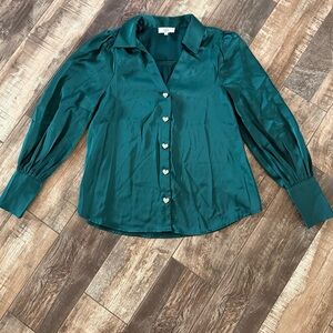Entro Clothing Hunter Green Long Sleeve Satin Blouse with Heart Buttons size S